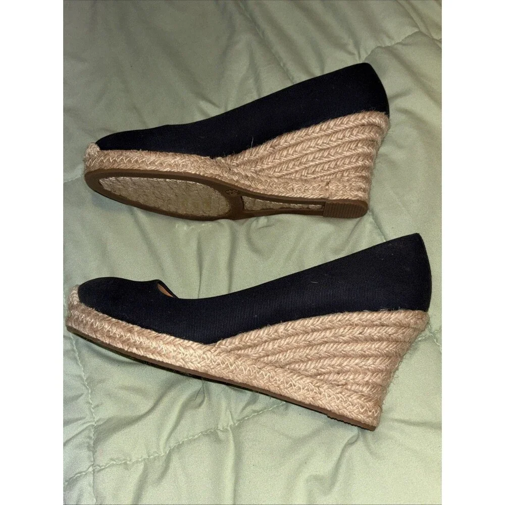 J. Crew Preppy Navy Blue Canvas Espadrille Wedges Jute Heel Size 6.5